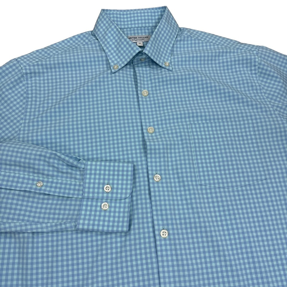 Peter Millar Shirt Men's M Summer Comfort Blue Gingham Long Sleeve